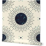 Peel \u0026 Stick Wallpaper 9ft x 2ft - Boho Bursts Blue Stars Sun Galaxy Space Ivory Custom Removable Wallpaper by Spoonflower